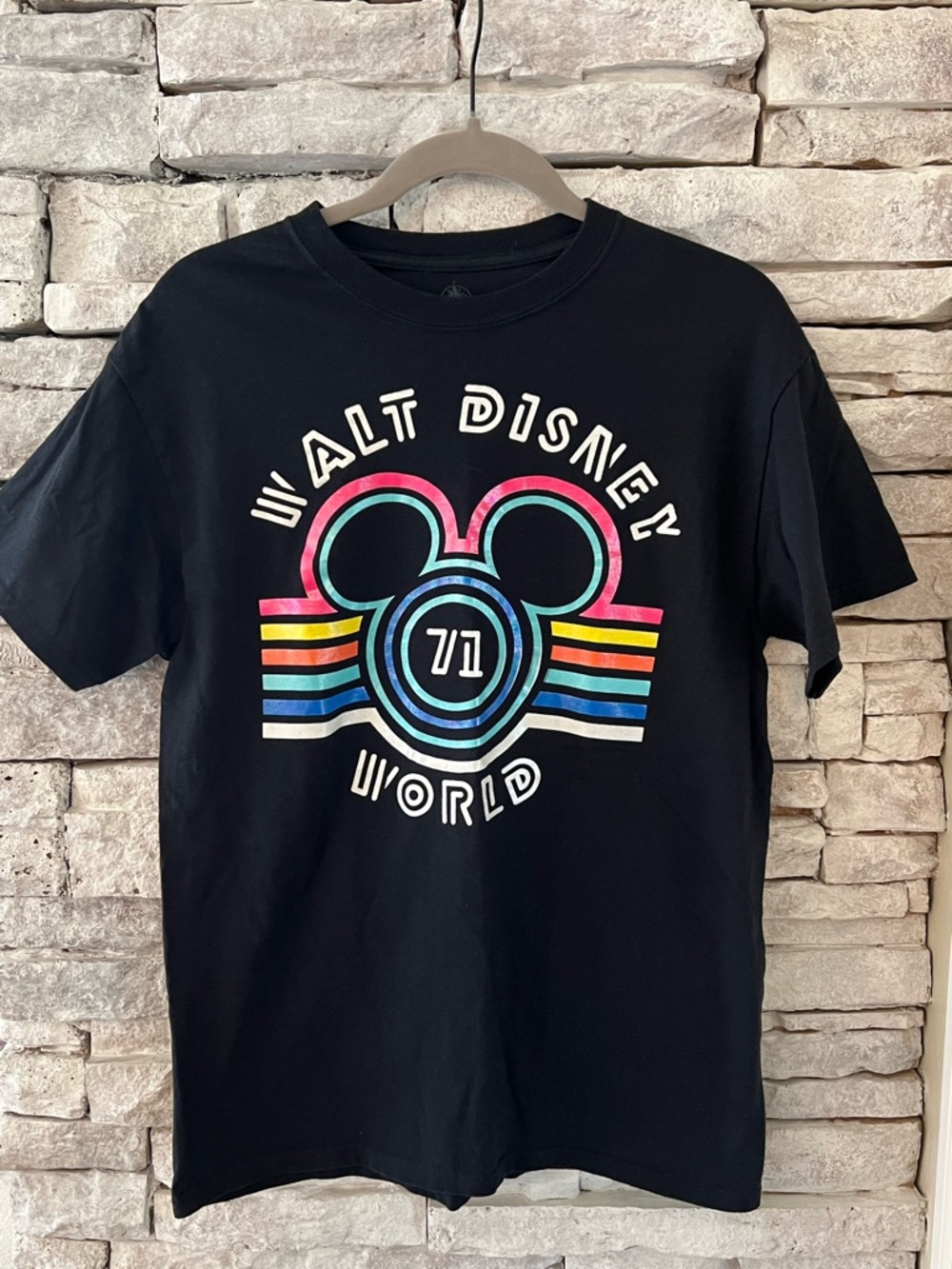 Disney Black T‑Shirt with Retro Neon Mickey - Medium